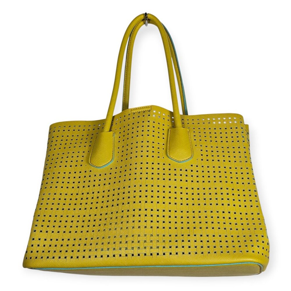 Big Buddha Yellow Perforated Tote Handbag Turquoise Lining Built-In Wallet